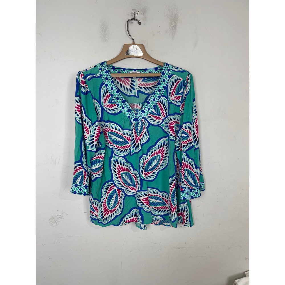 Crown & Ivy Woman Tunic Top 2X Green Pink Tropical Leaf Print V-Neck 3/4 Sleeve